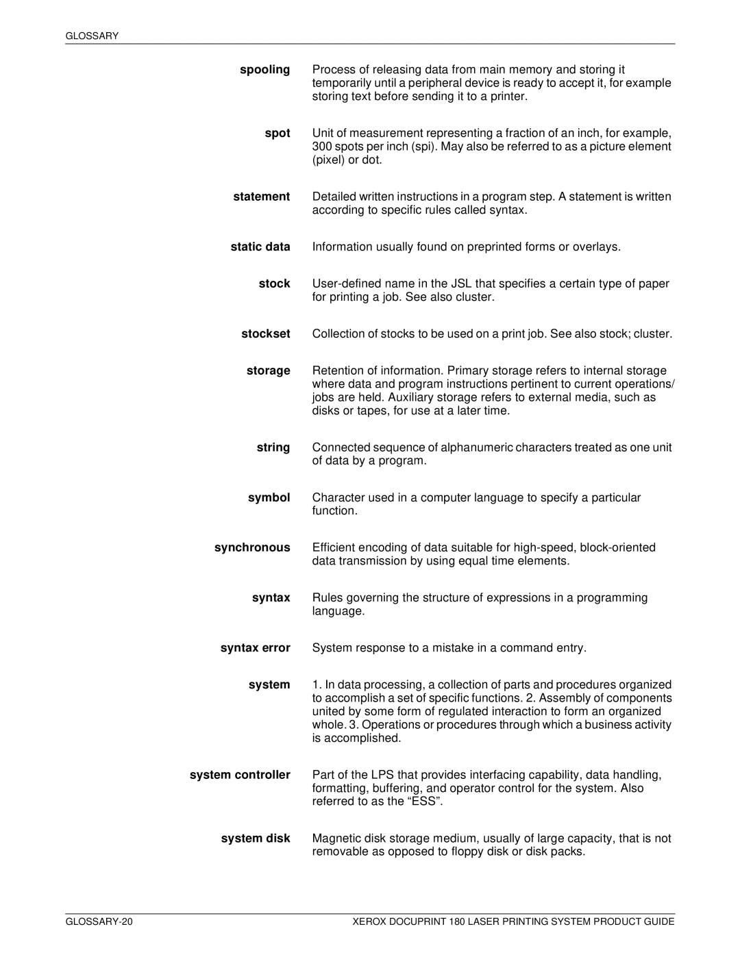 Xerox DocuPrint 180 manual Glossary 