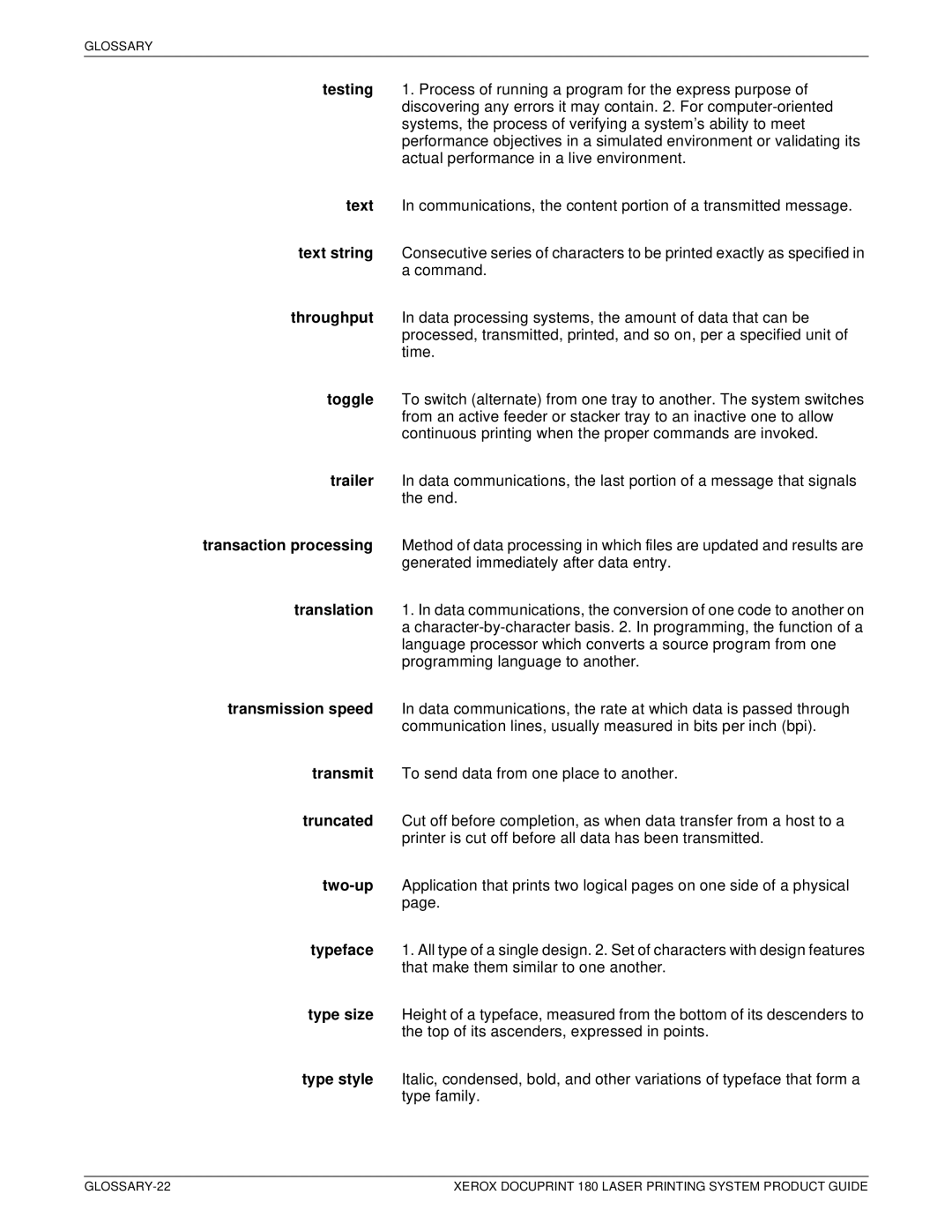 Xerox DocuPrint 180 manual Glossary 