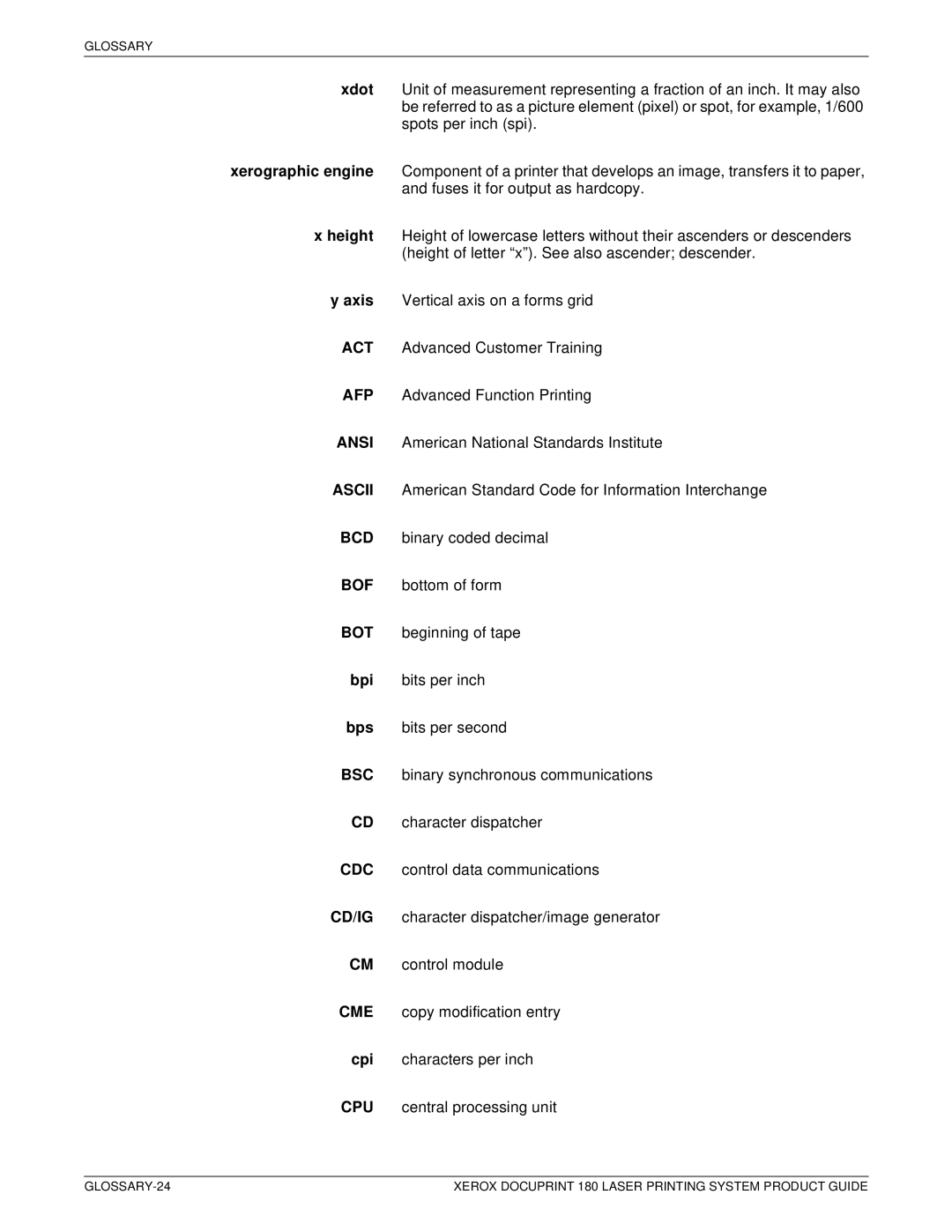 Xerox DocuPrint 180 manual Glossary 