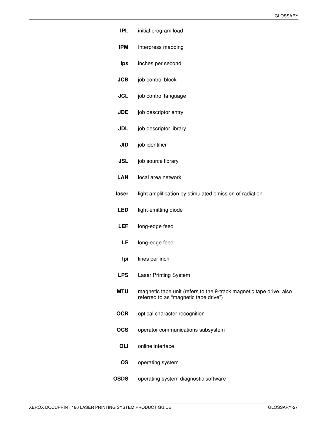 Xerox DocuPrint 180 manual GLOSSARY-27 