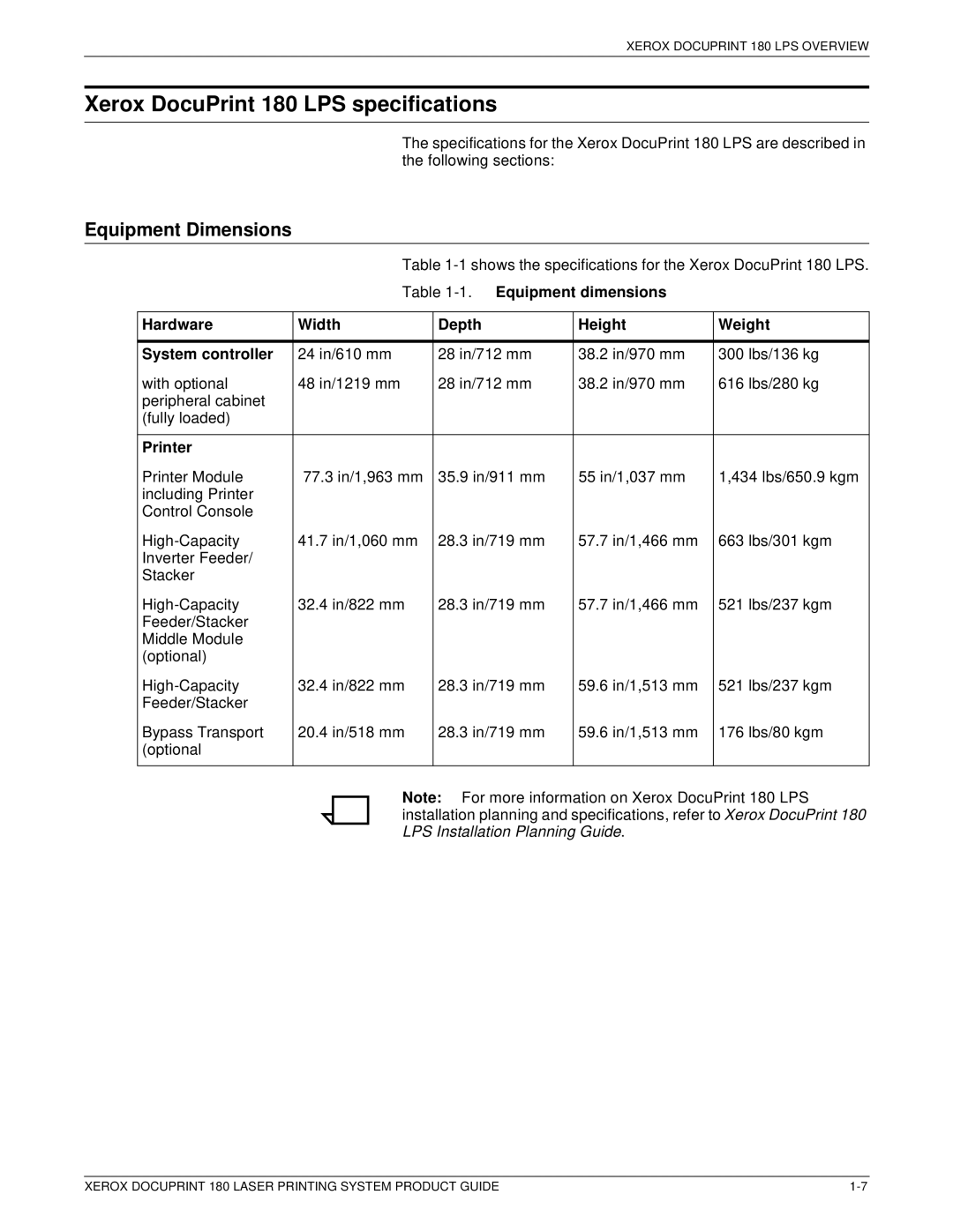 Xerox manual Xerox DocuPrint 180 LPS specifications, Equipment Dimensions 