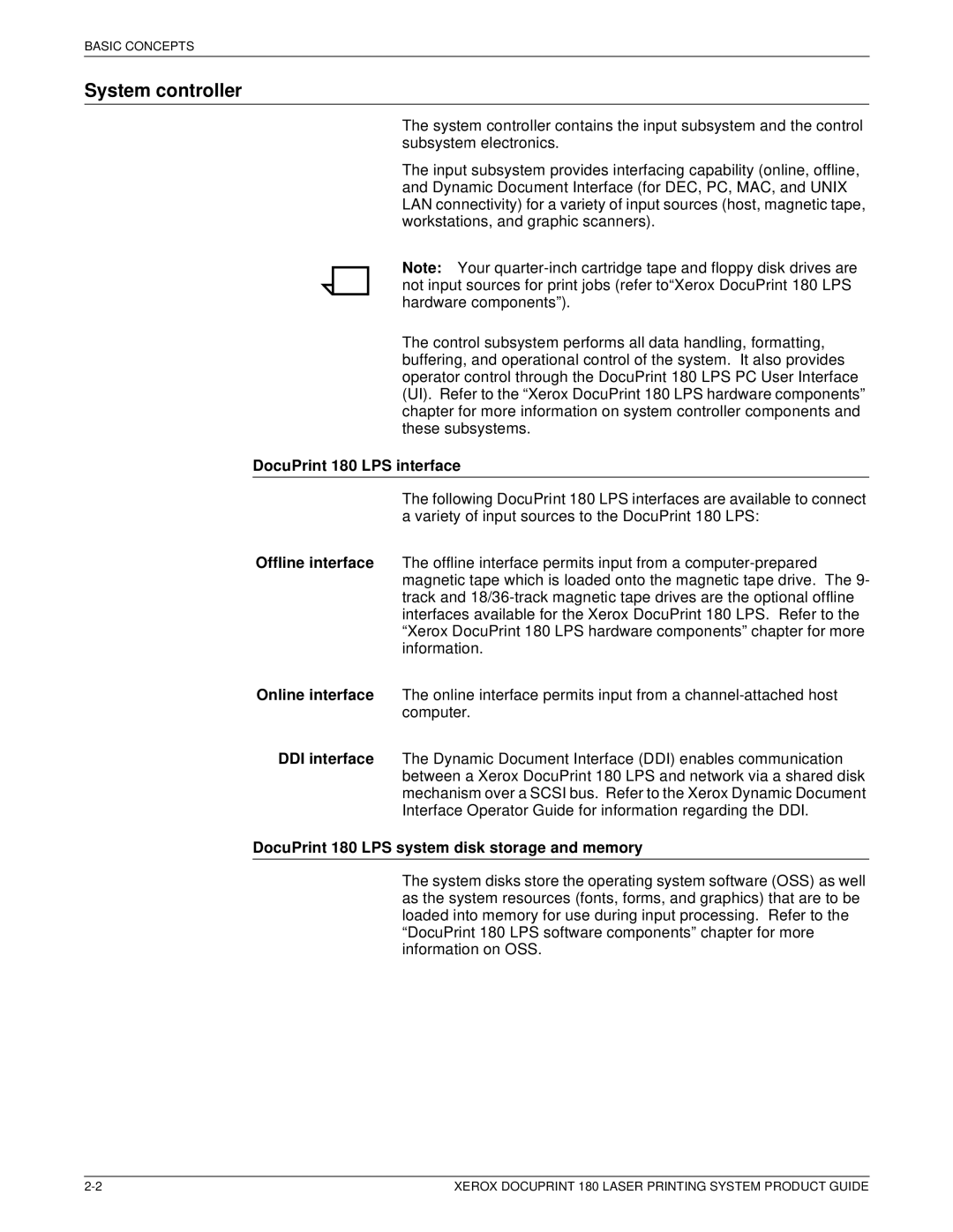 Xerox manual System controller, DocuPrint 180 LPS interface, DocuPrint 180 LPS system disk storage and memory 