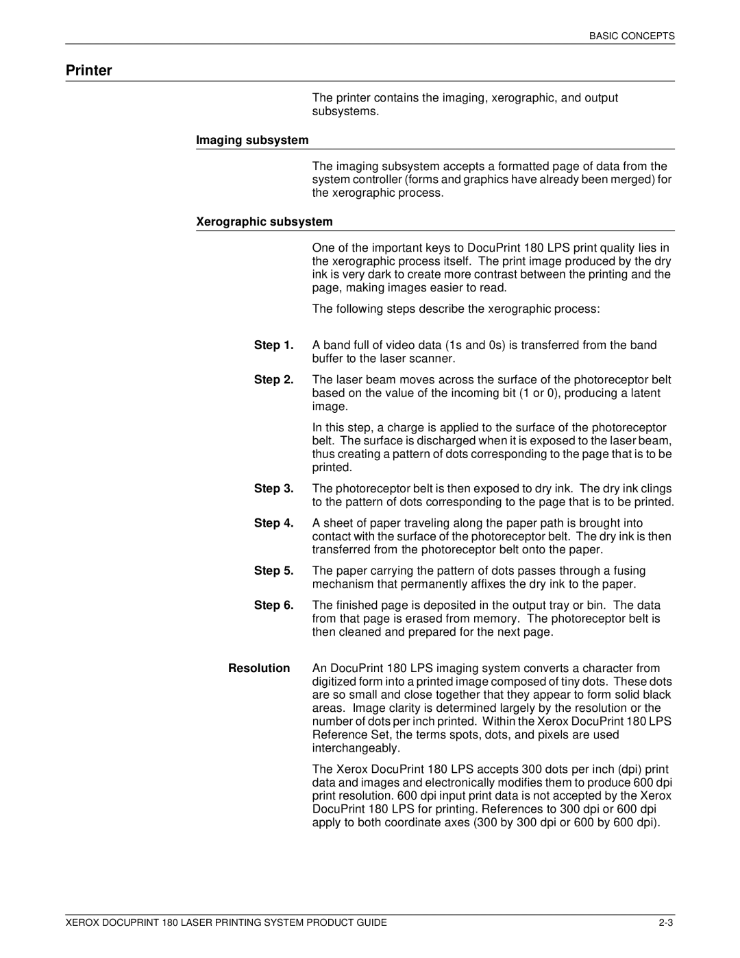 Xerox DocuPrint 180 manual Printer, Imaging subsystem, Xerographic subsystem 