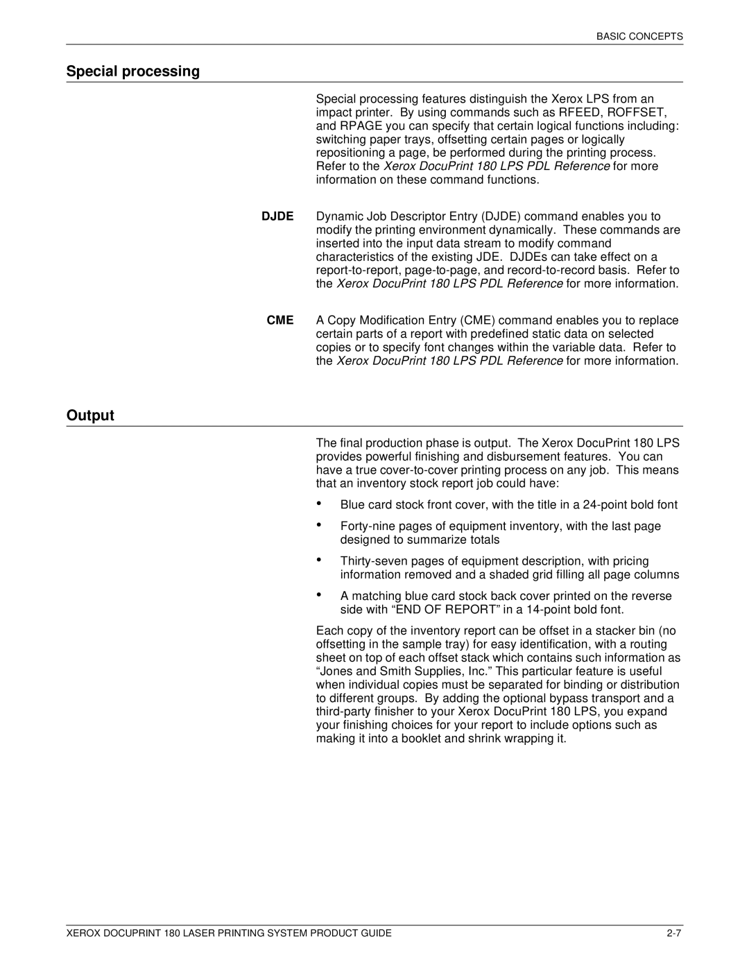 Xerox DocuPrint 180 manual Special processing, Output 