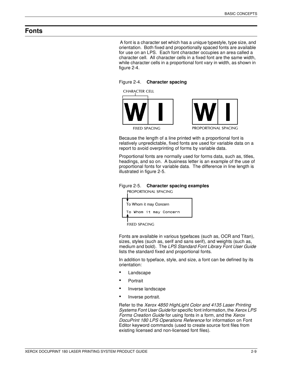 Xerox DocuPrint 180 manual Fonts, Character spacing 