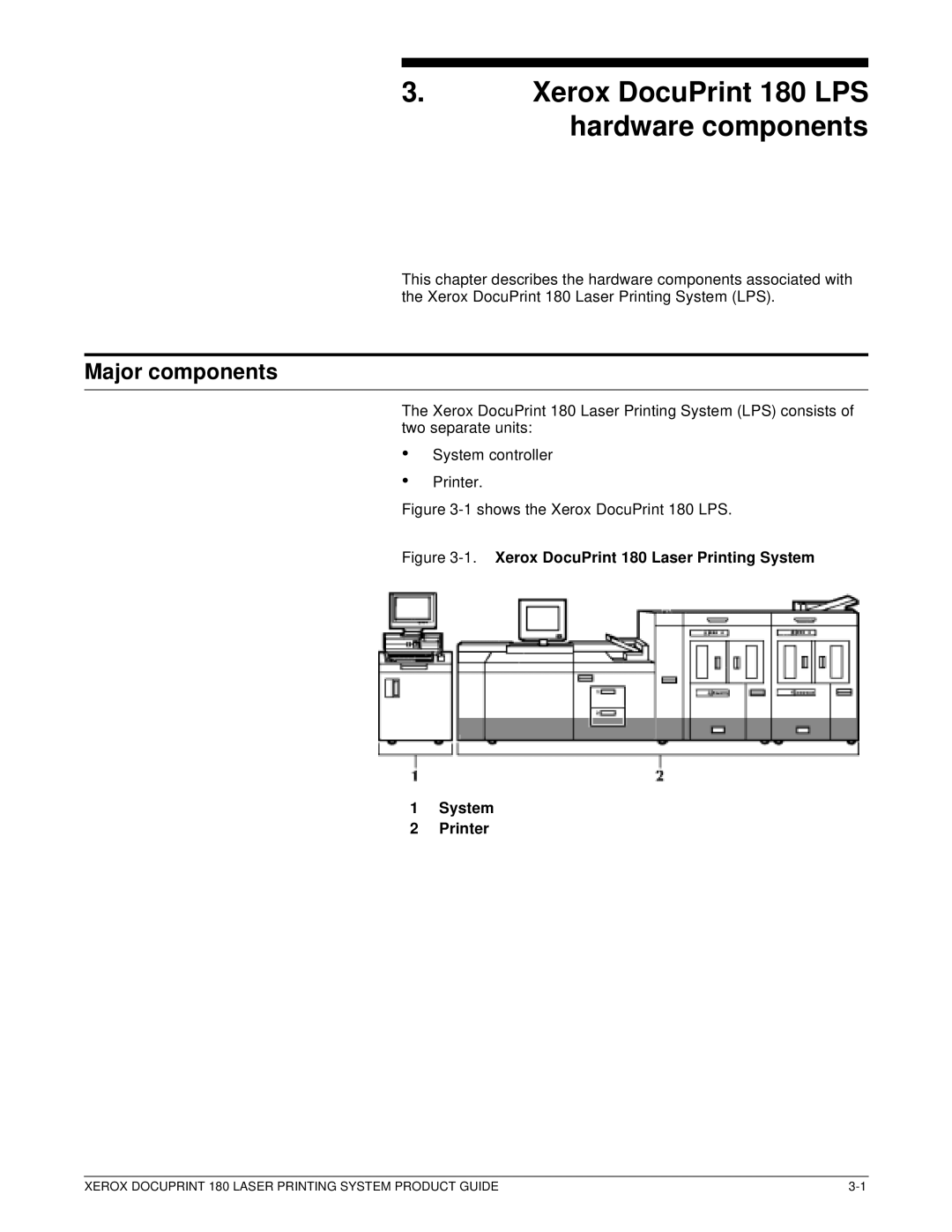 Xerox manual Major components, Xerox DocuPrint 180 Laser Printing System Printer 