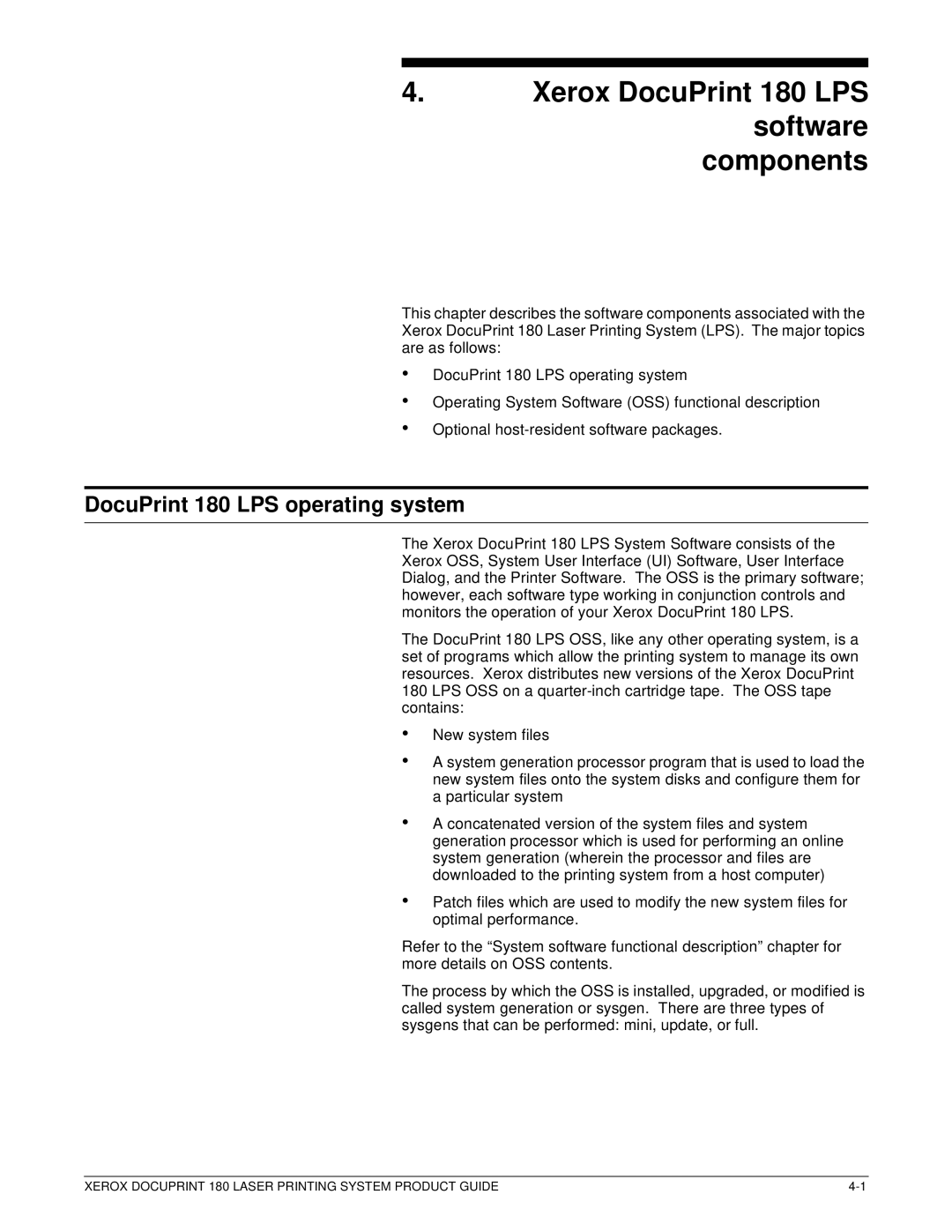 Xerox manual Xerox DocuPrint 180 LPS software components, DocuPrint 180 LPS operating system 