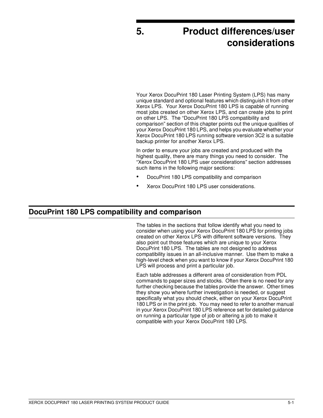 Xerox manual Product differences/user considerations, DocuPrint 180 LPS compatibility and comparison 