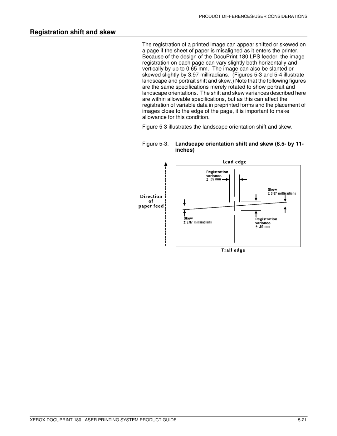 Xerox DocuPrint 180 manual Registration shift and skew, Landscape orientation shift and skew 8.5- by 11- inches 