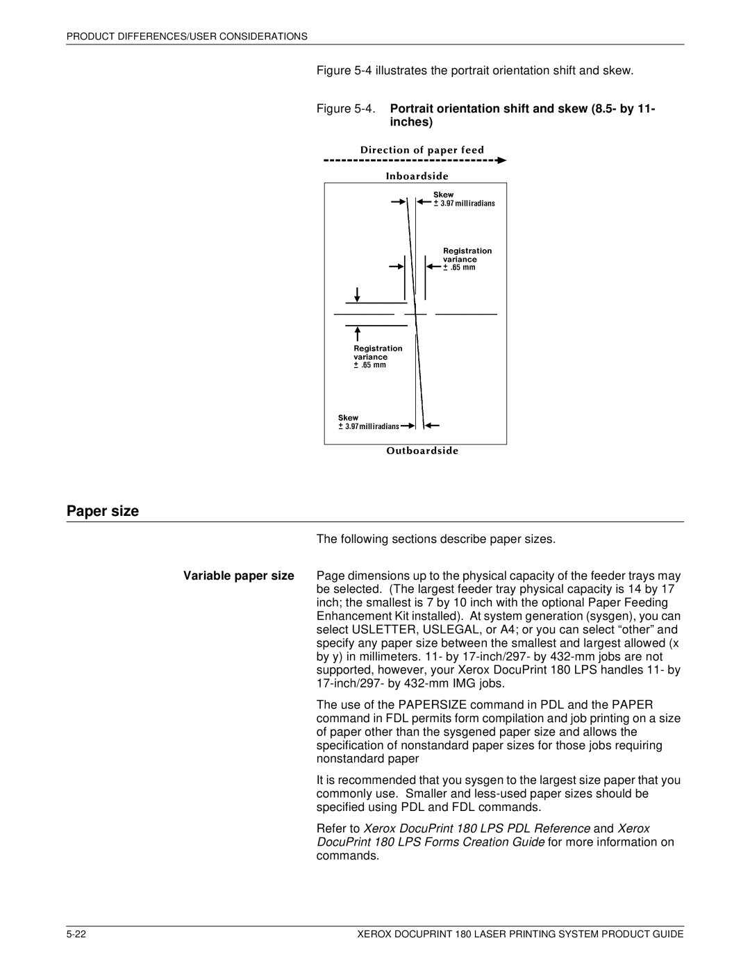 Xerox DocuPrint 180 manual Paper size, Portrait orientation shift and skew 8.5- by 11- inches 