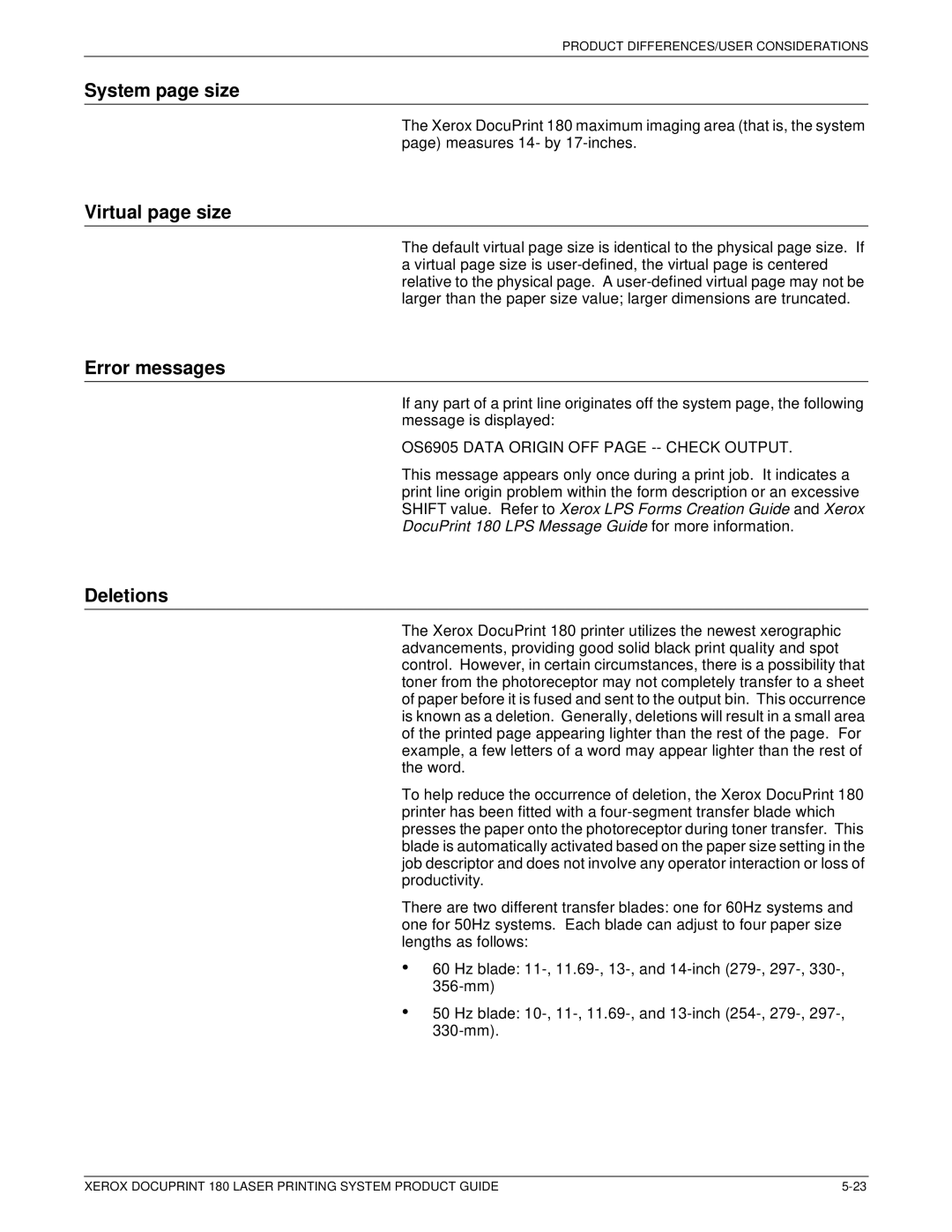 Xerox DocuPrint 180 manual System page size, Virtual page size, Error messages, Deletions 