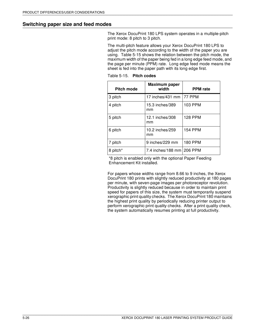 Xerox DocuPrint 180 manual Switching paper size and feed modes, Maximum paper Pitch mode Width PPM rate 