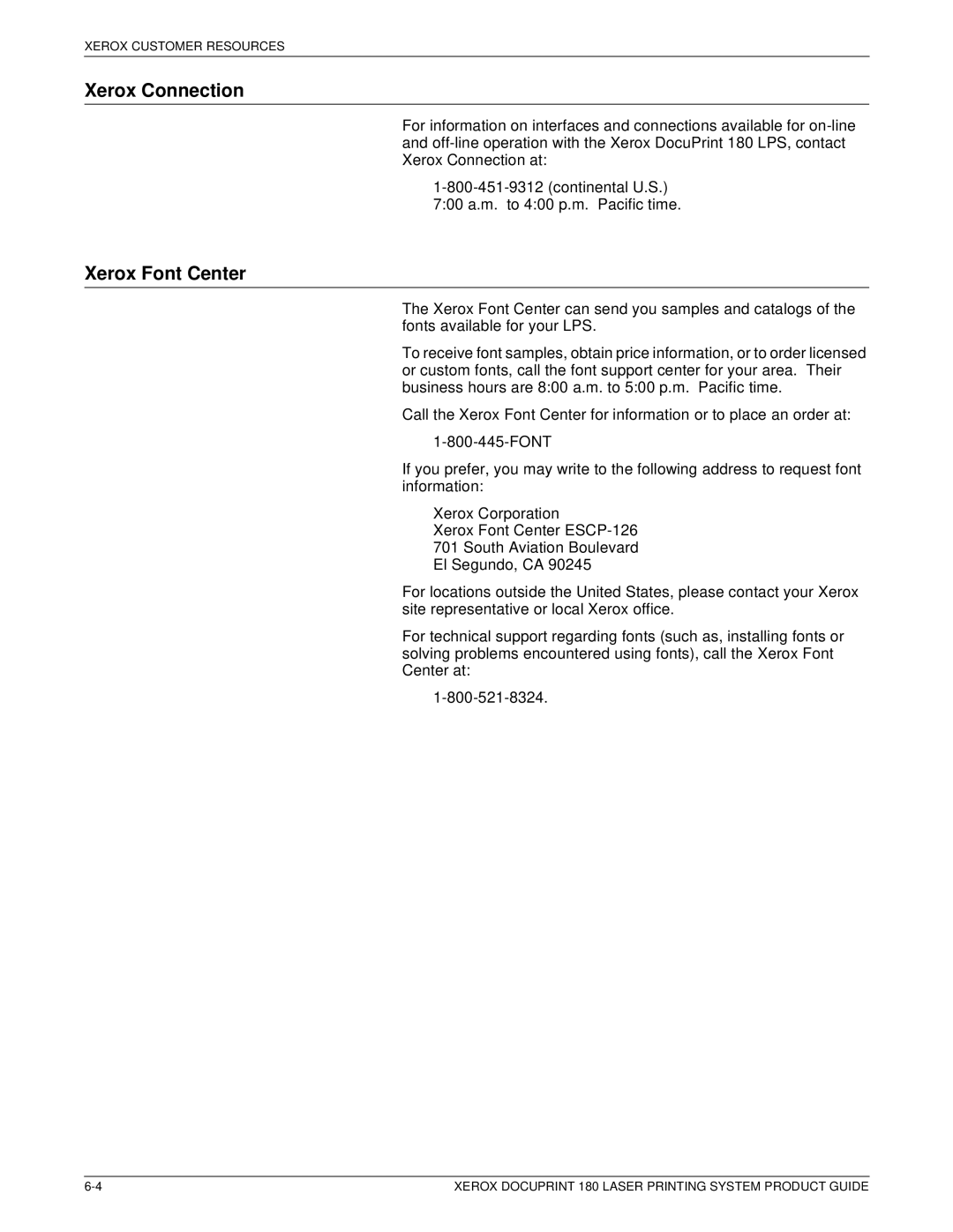 Xerox DocuPrint 180 manual Xerox Connection, Xerox Font Center 