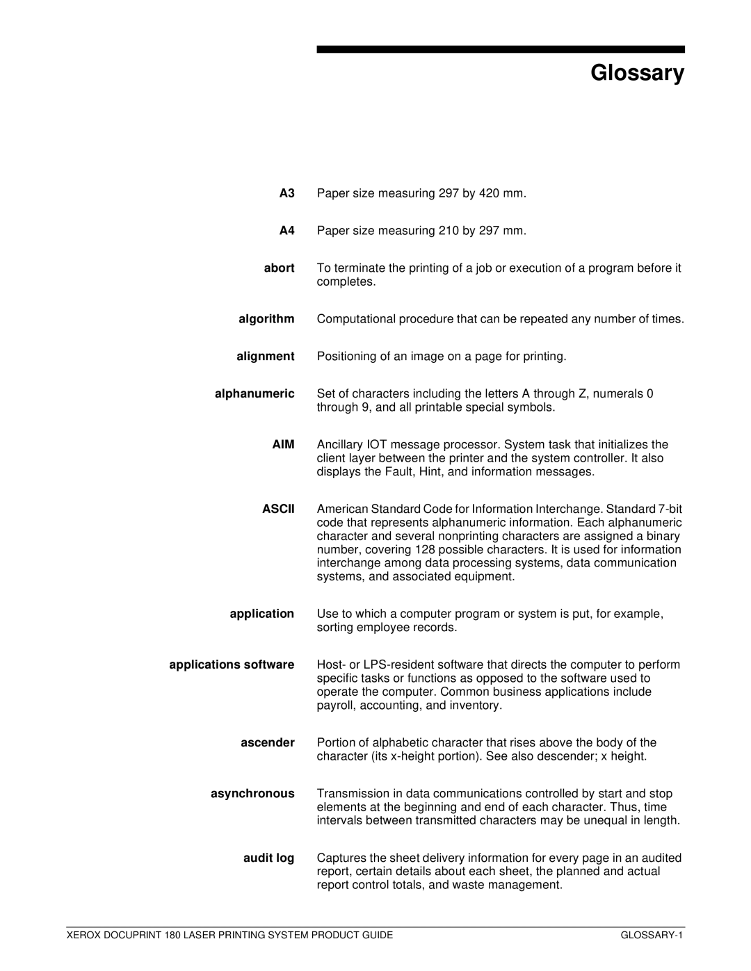 Xerox DocuPrint 180 manual Glossary 