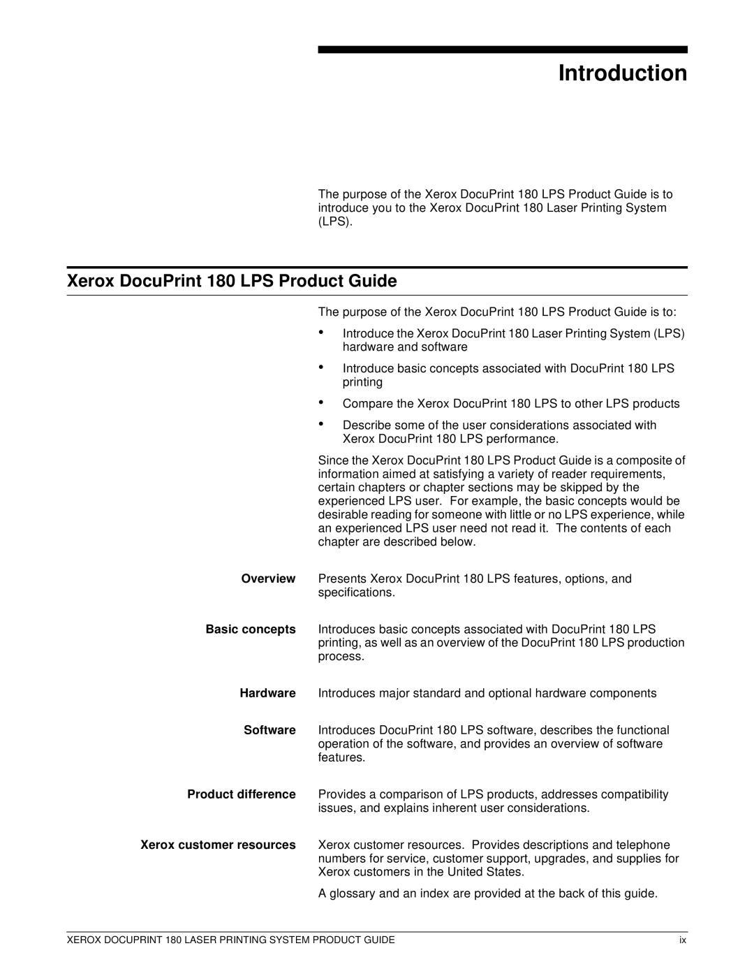 Xerox manual Introduction, Xerox DocuPrint 180 LPS Product Guide 