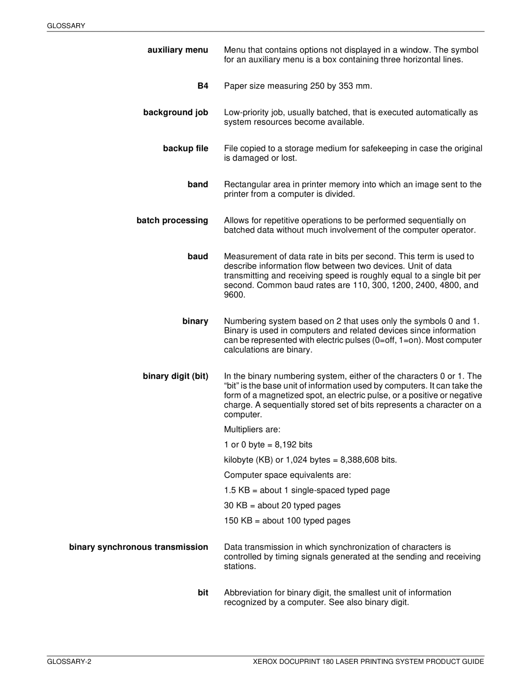 Xerox DocuPrint 180 manual Glossary 