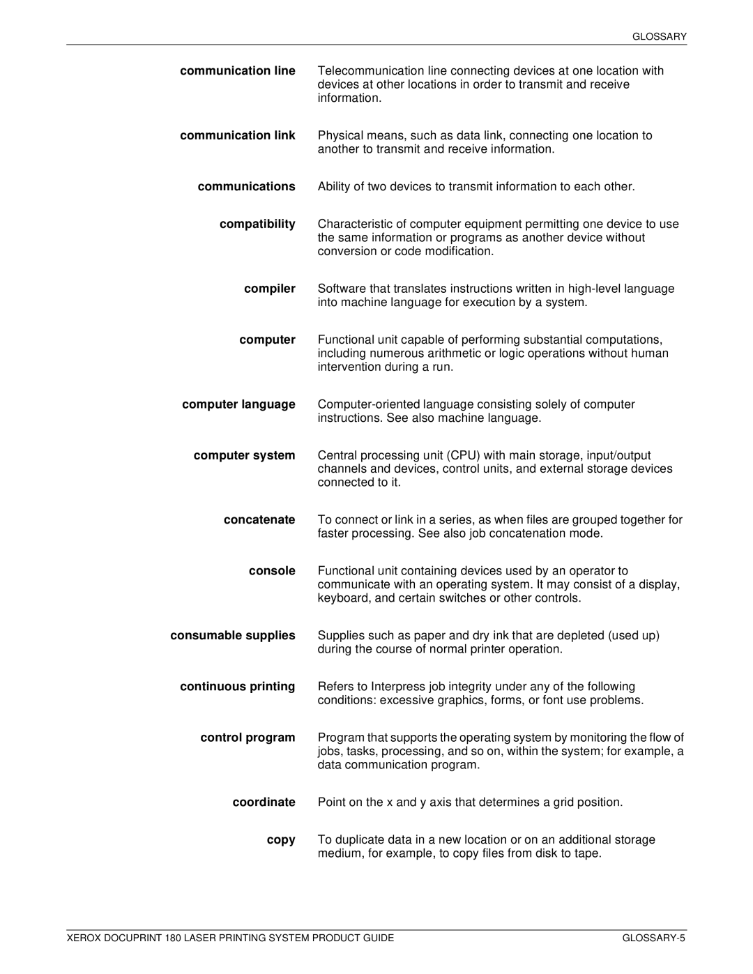 Xerox DocuPrint 180 manual GLOSSARY-5 