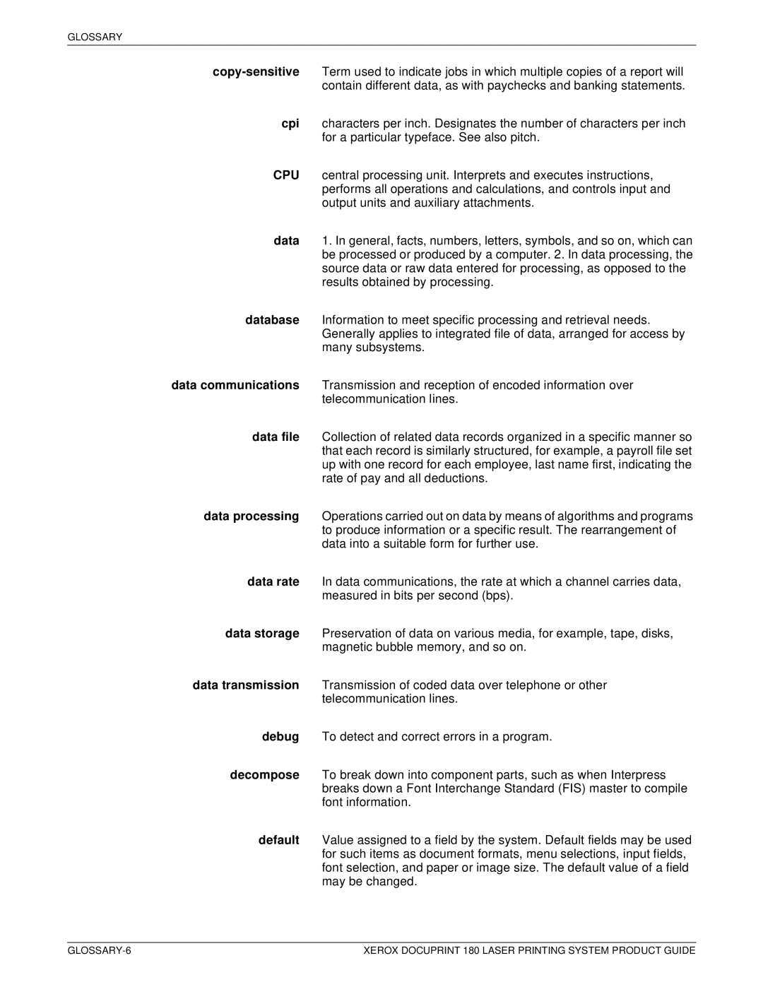 Xerox DocuPrint 180 manual Glossary 