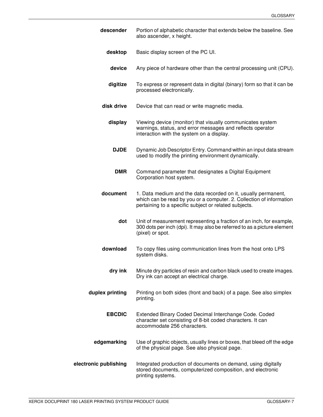 Xerox DocuPrint 180 manual GLOSSARY-7 