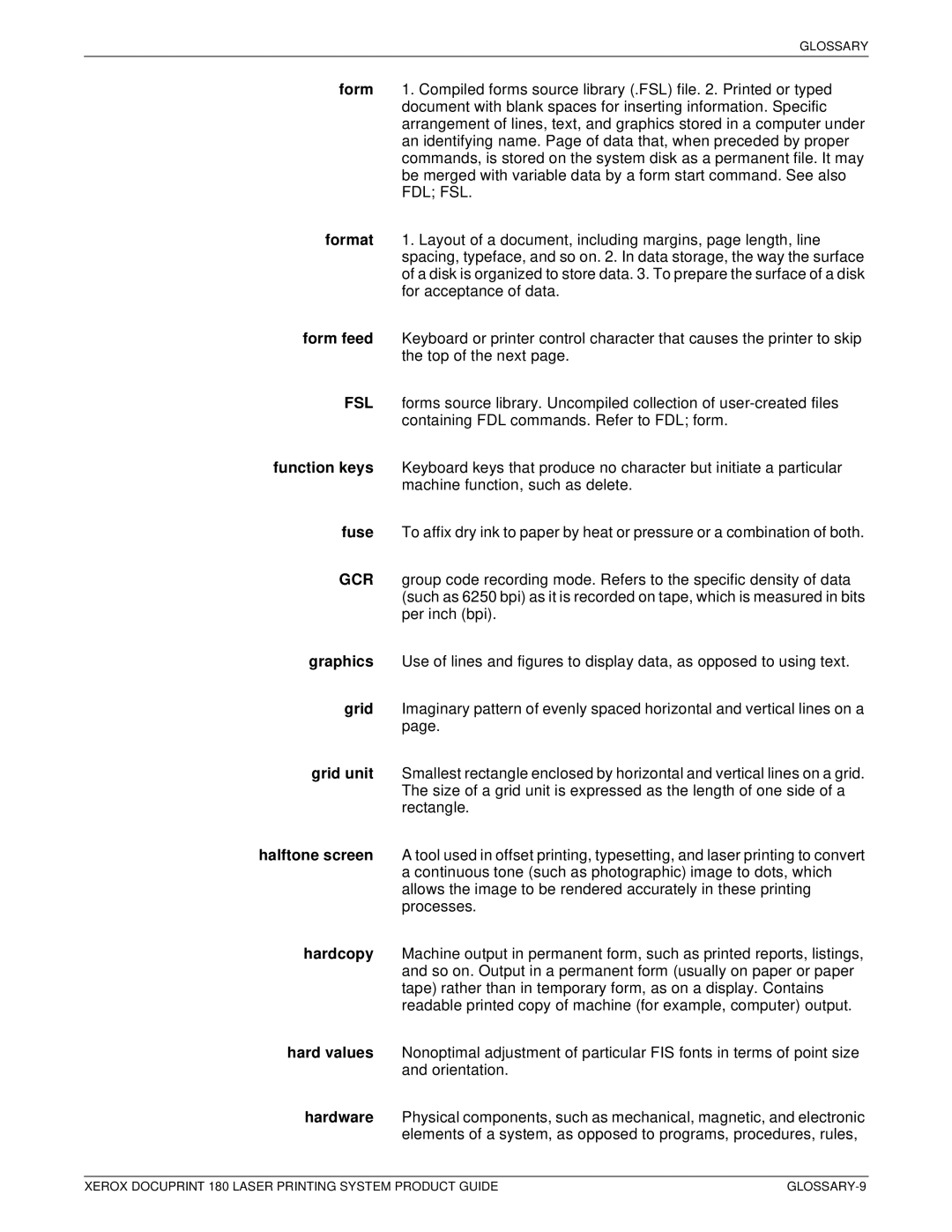 Xerox DocuPrint 180 manual GLOSSARY-9 