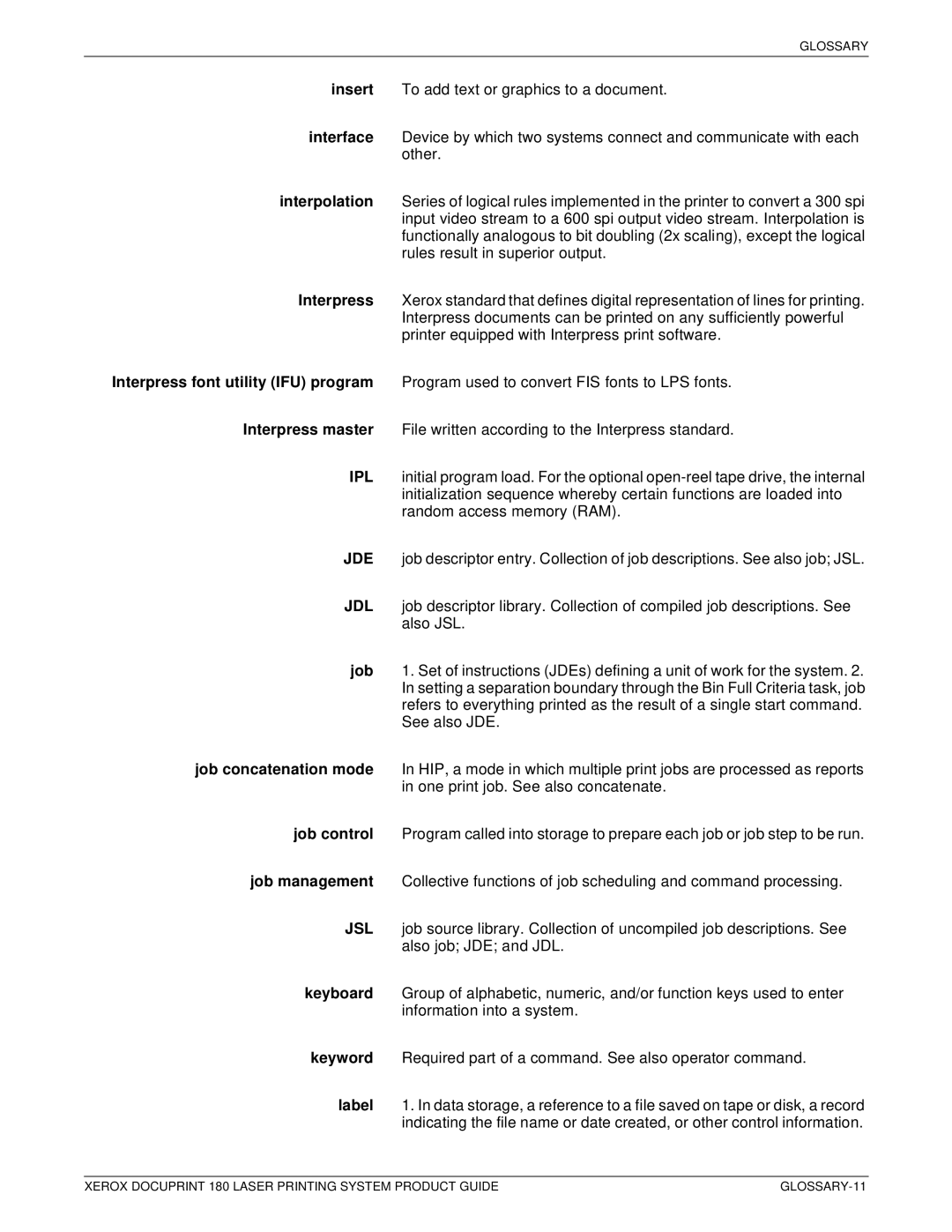 Xerox DocuPrint 180 manual GLOSSARY-11 