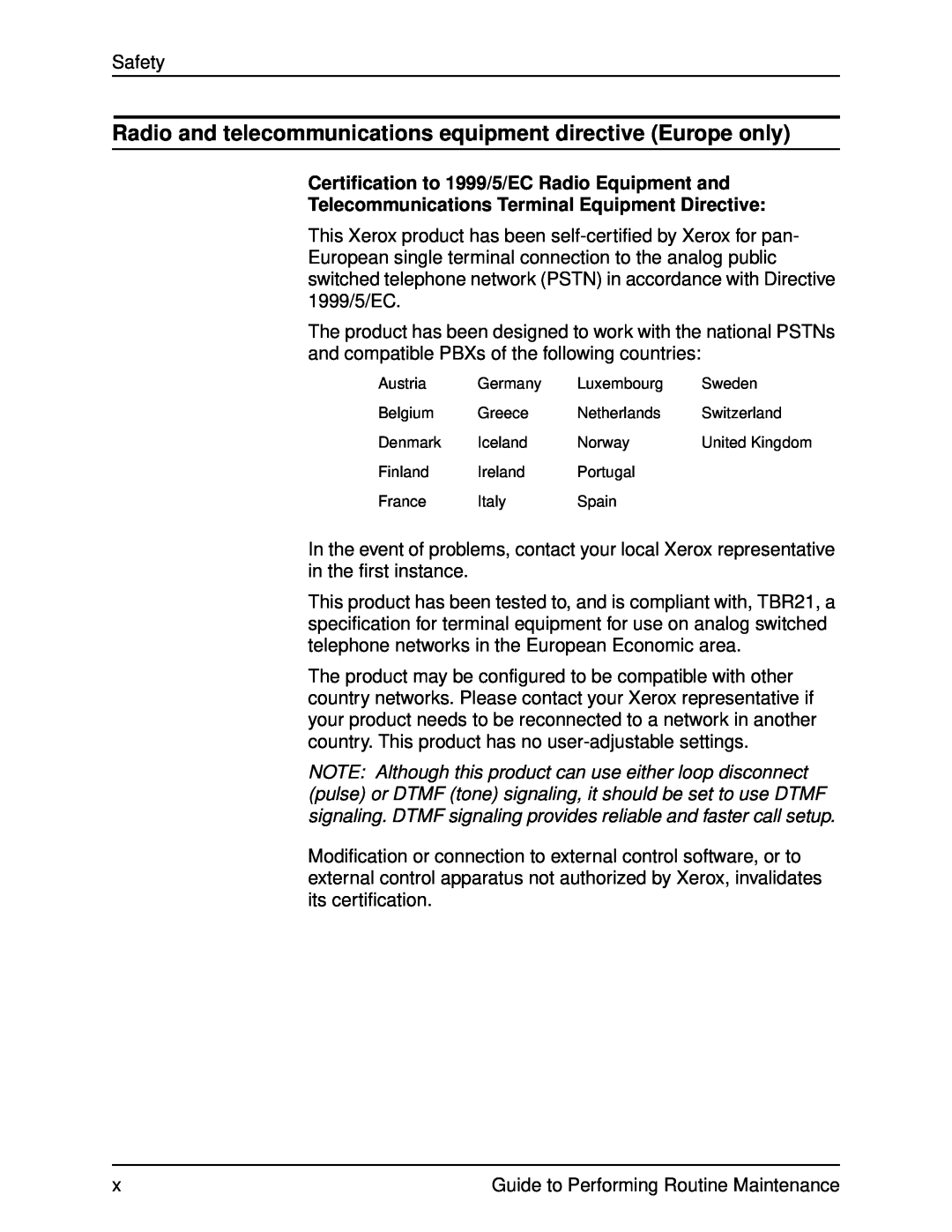 Xerox DocuPrint 96 manual Radio and telecommunications equipment directive Europe only 