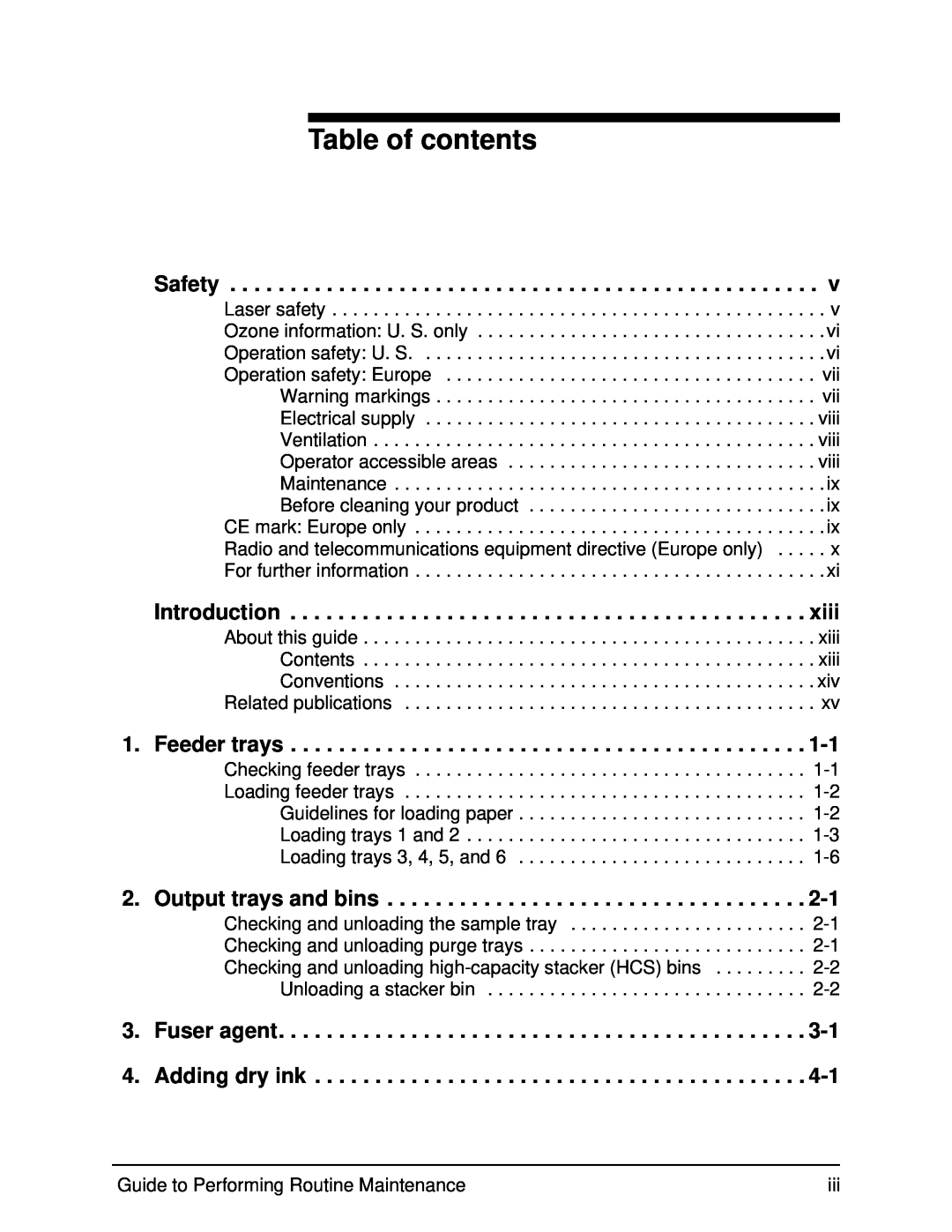 Xerox DocuPrint 96 manual Table of contents, Safety, Introduction, Feeder trays, Output trays and bins 