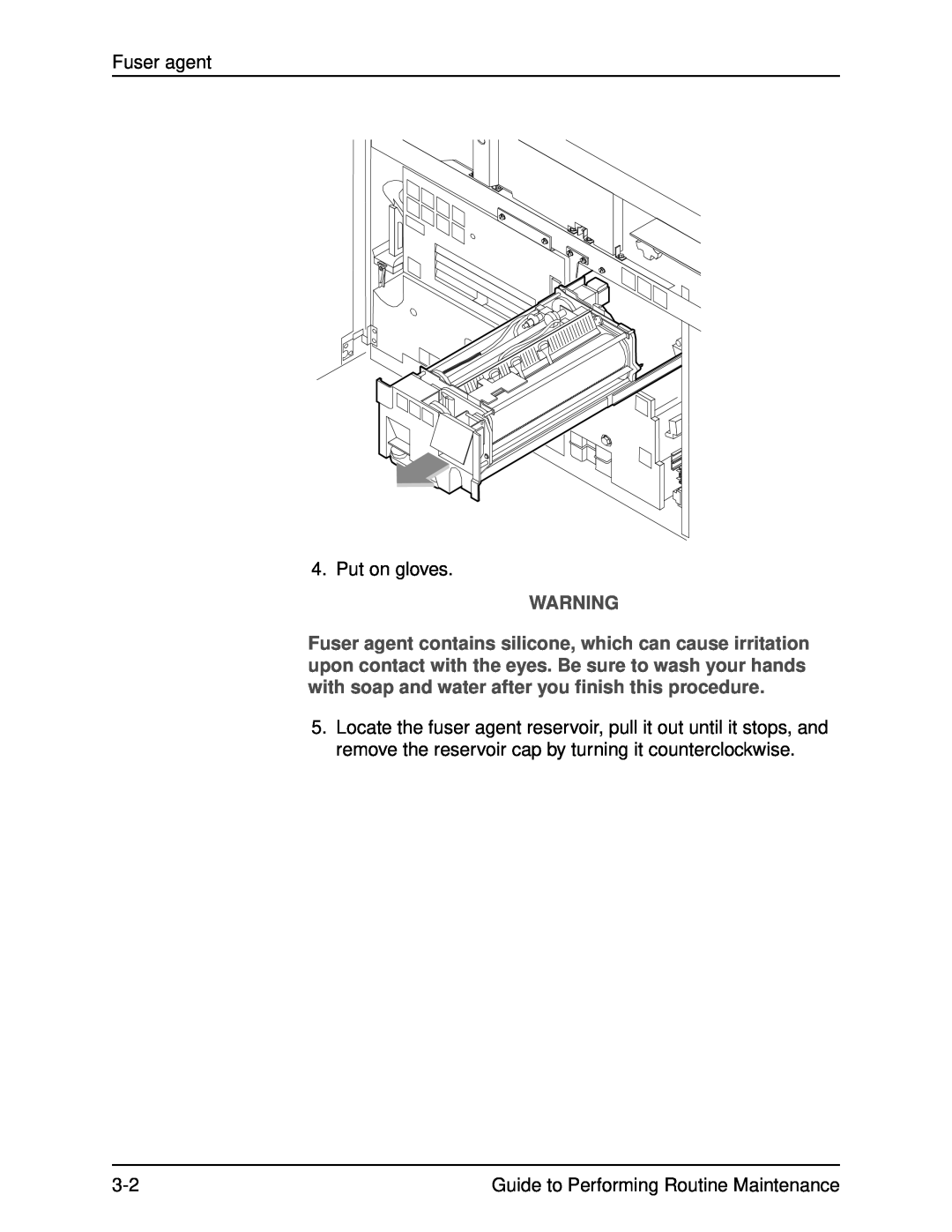 Xerox DocuPrint 96 manual Fuser agent, Put on gloves, Guide to Performing Routine Maintenance 