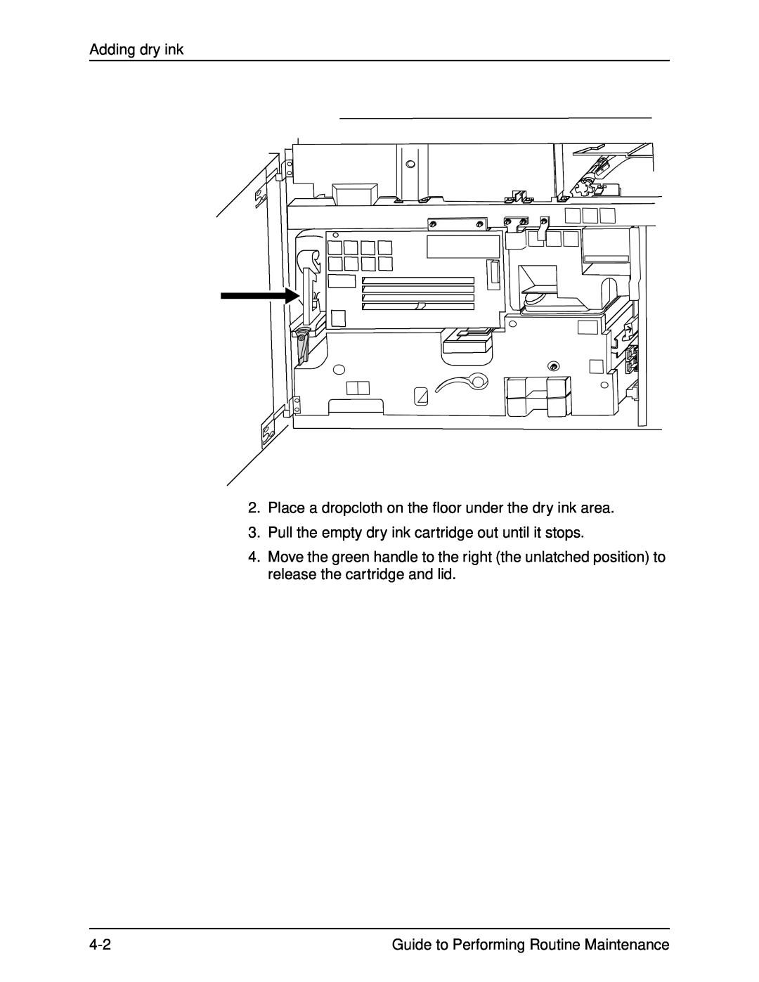 Xerox DocuPrint 96 manual Adding dry ink, Place a dropcloth on the floor under the dry ink area 