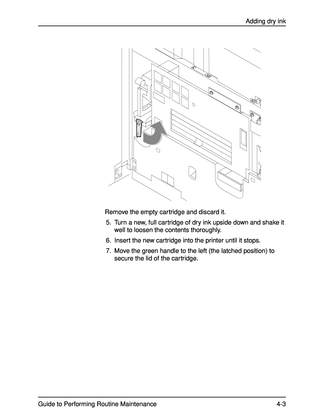 Xerox DocuPrint 96 manual Adding dry ink Remove the empty cartridge and discard it, Guide to Performing Routine Maintenance 
