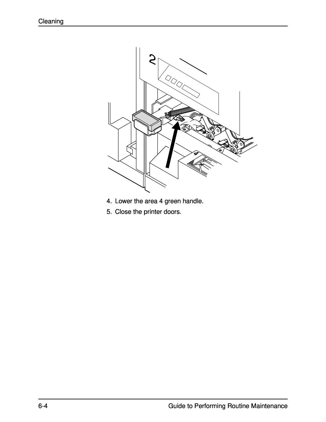 Xerox DocuPrint 96 manual Cleaning, Lower the area 4 green handle 5. Close the printer doors 