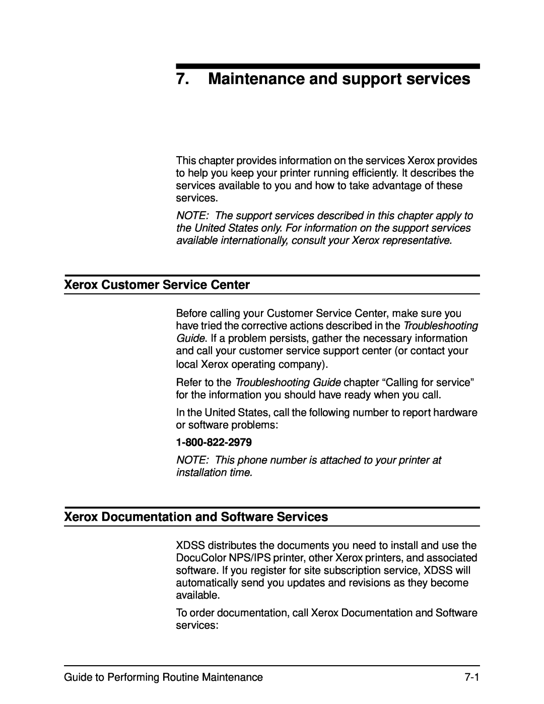 Xerox DocuPrint 96 manual Maintenance and support services, Xerox Customer Service Center 