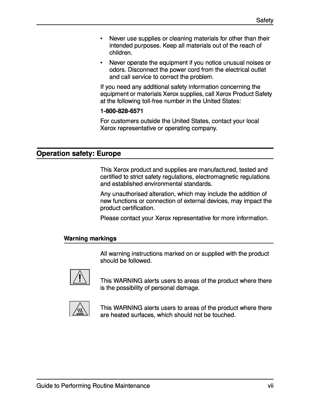 Xerox DocuPrint 96 manual Operation safety Europe, Warning markings 