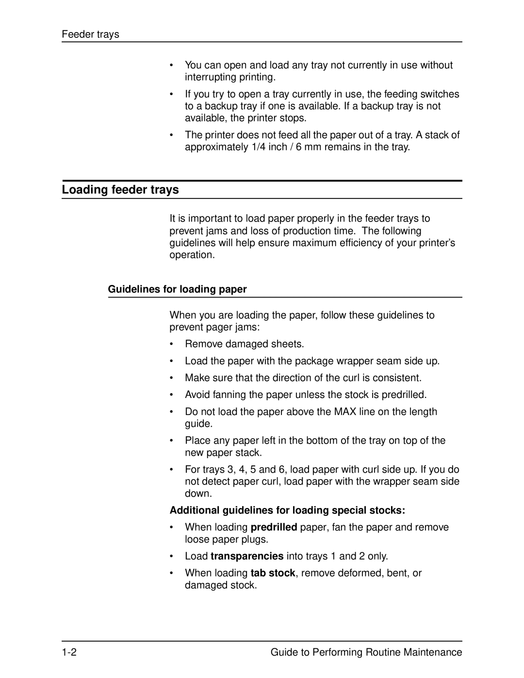 Xerox DocuPrint 96 Loading feeder trays, Guidelines for loading paper, Additional guidelines for loading special stocks 