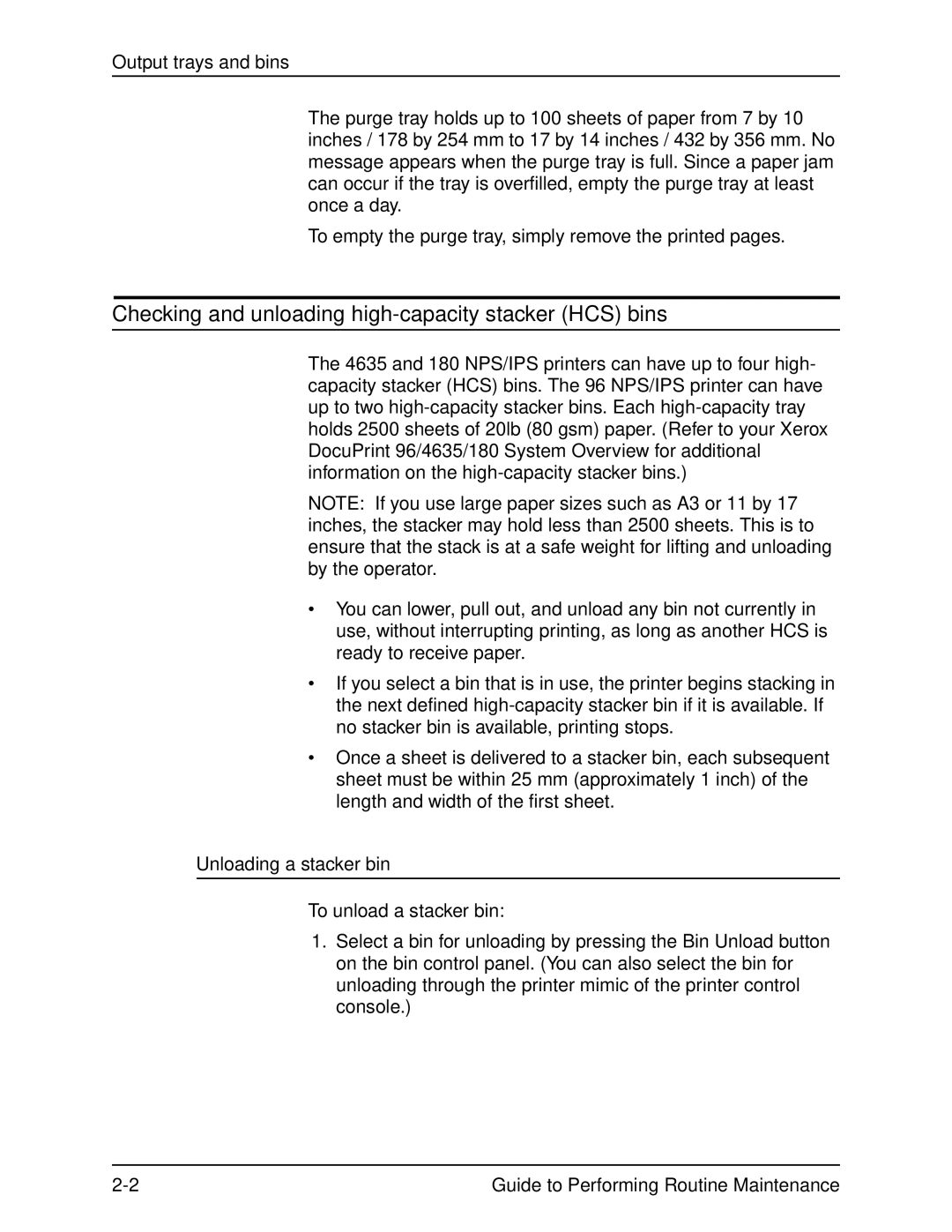 Xerox DocuPrint 96 manual Checking and unloading high-capacity stacker HCS bins, Unloading a stacker bin 