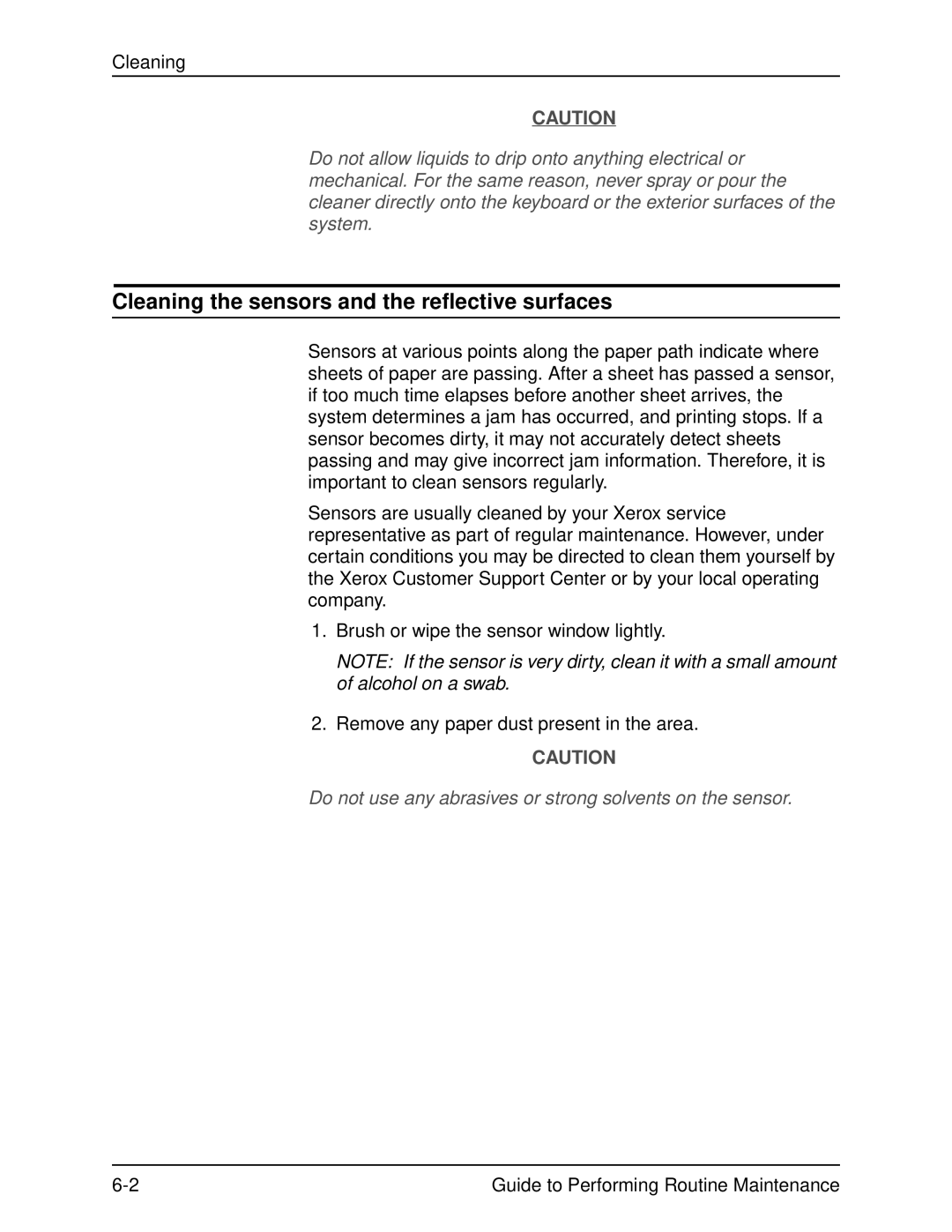 Xerox DocuPrint 96 manual Cleaning the sensors and the reflective surfaces 