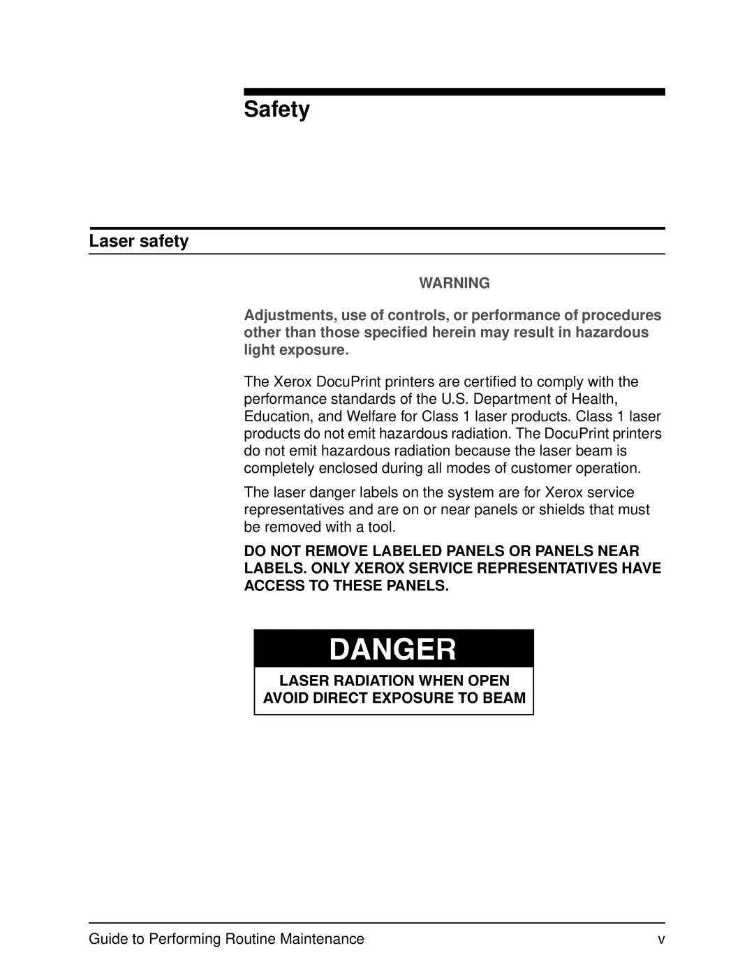 Xerox DocuPrint 96 manual Safety, Laser safety 