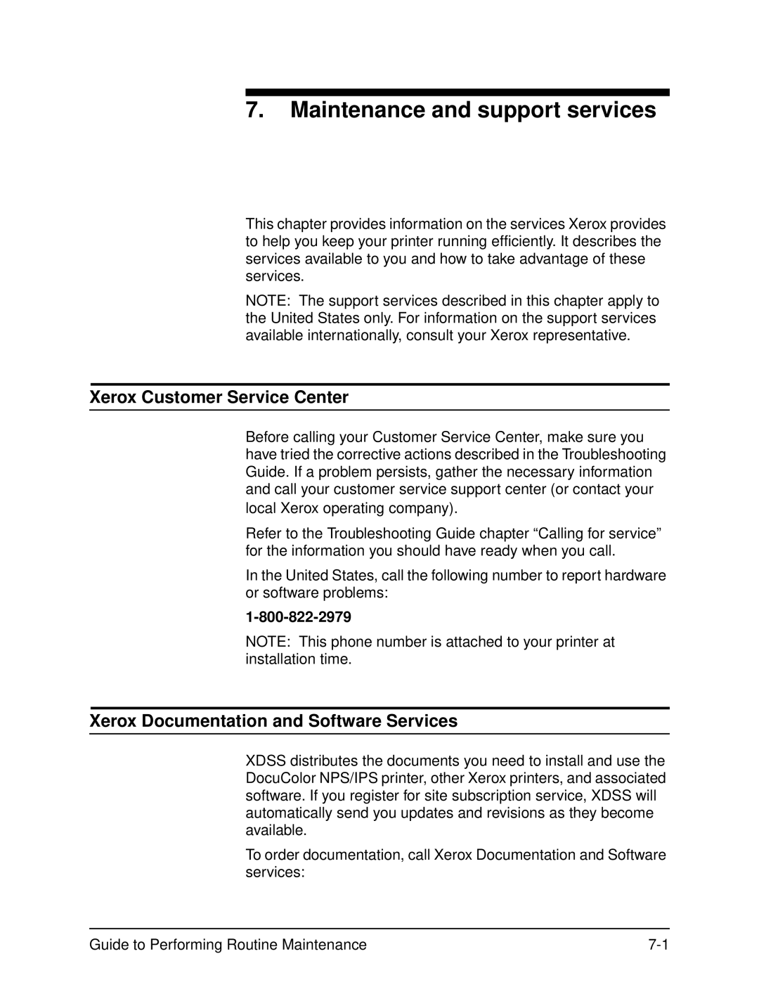 Xerox DocuPrint 96 manual Maintenance and support services, Xerox Customer Service Center 