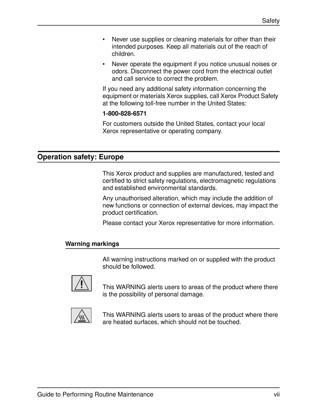 Xerox DocuPrint 96 manual Operation safety Europe 