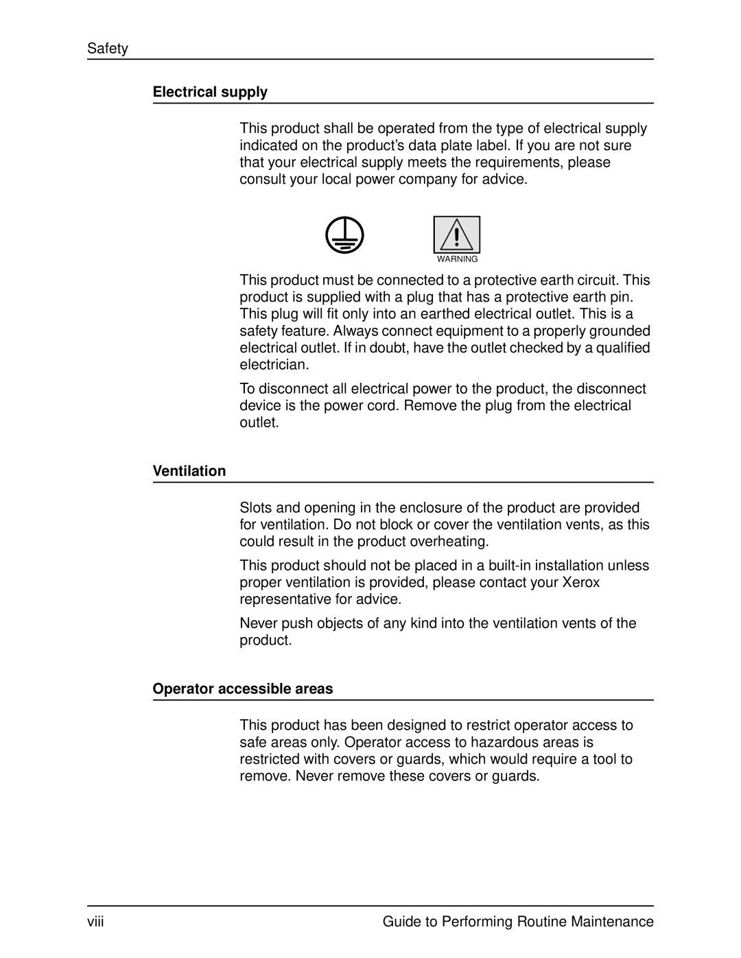 Xerox DocuPrint 96 manual Electrical supply, Ventilation, Operator accessible areas 