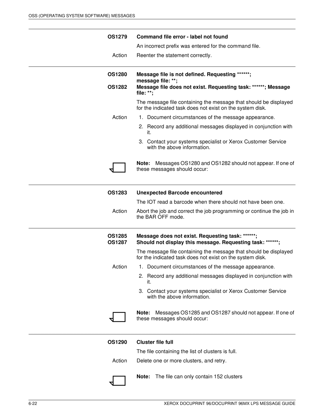 Xerox DocuPrint 96MX manual OS1279 Command file error label not found, OS1283 Unexpected Barcode encountered 