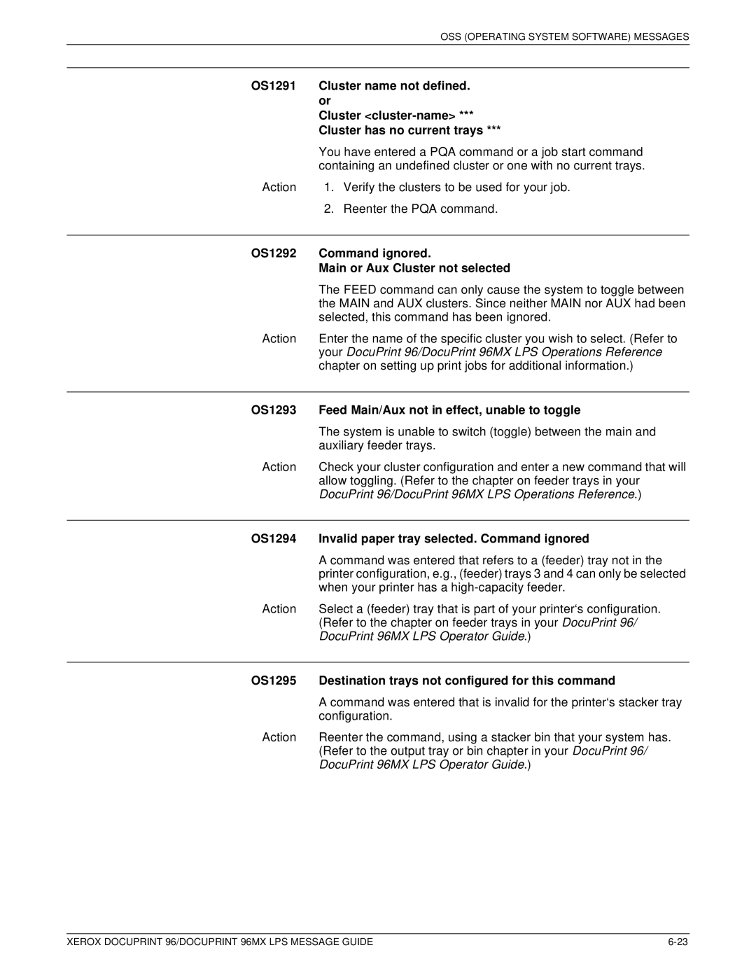 Xerox DocuPrint 96MX manual OS1292 Command ignored Main or Aux Cluster not selected 