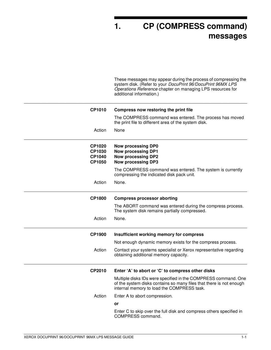 Xerox DocuPrint 96MX manual CP Compress command messages, CP1010 Compress now restoring the print file 