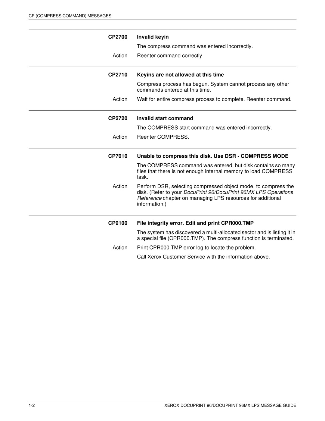 Xerox DocuPrint 96MX manual CP2700 Invalid keyin, CP2710 Keyins are not allowed at this time, CP2720 Invalid start command 