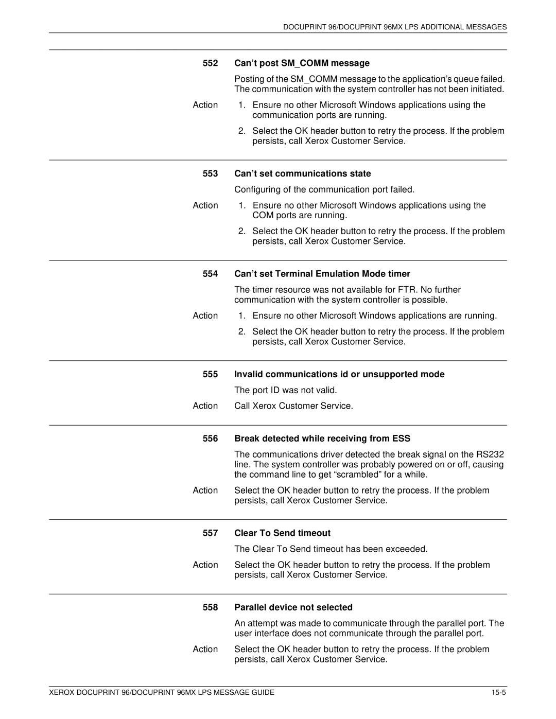 Xerox DocuPrint 96MX 552 Can’t post Smcomm message, 554 Can’t set Terminal Emulation Mode timer, Clear To Send timeout 