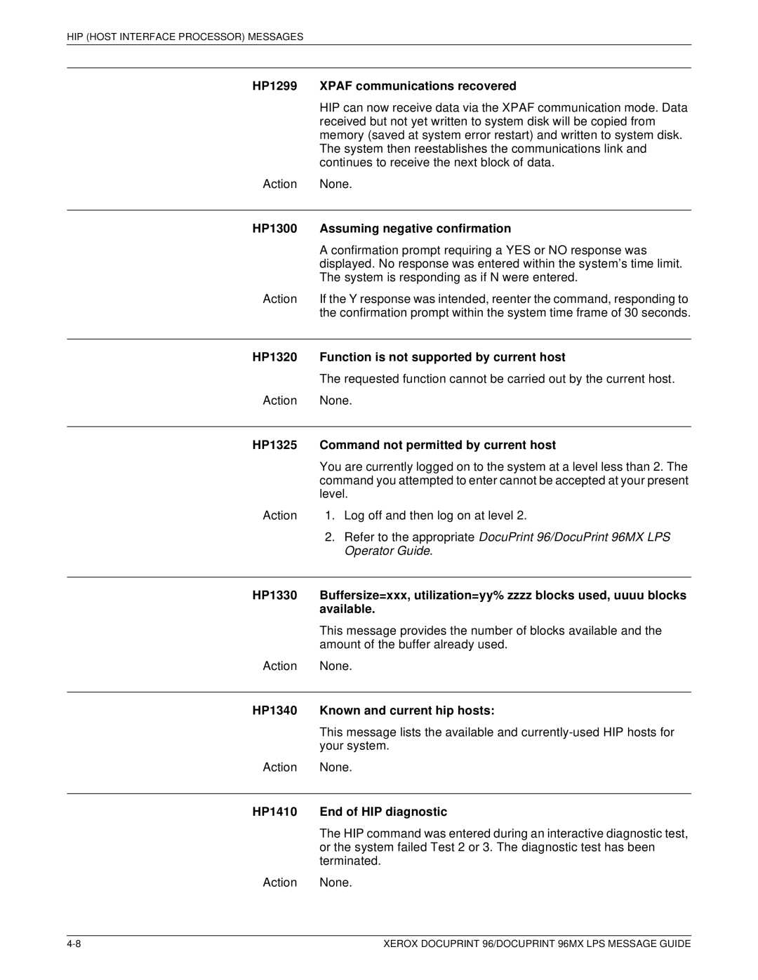 Xerox DocuPrint 96MX manual HP1299 Xpaf communications recovered, HP1300 Assuming negative confirmation 