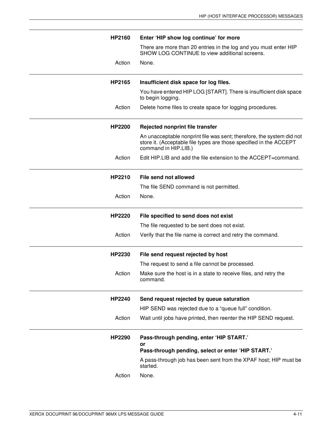 Xerox DocuPrint 96MX manual HP2160 Enter ‘HIP show log continue’ for more, HP2165 Insufficient disk space for log files 