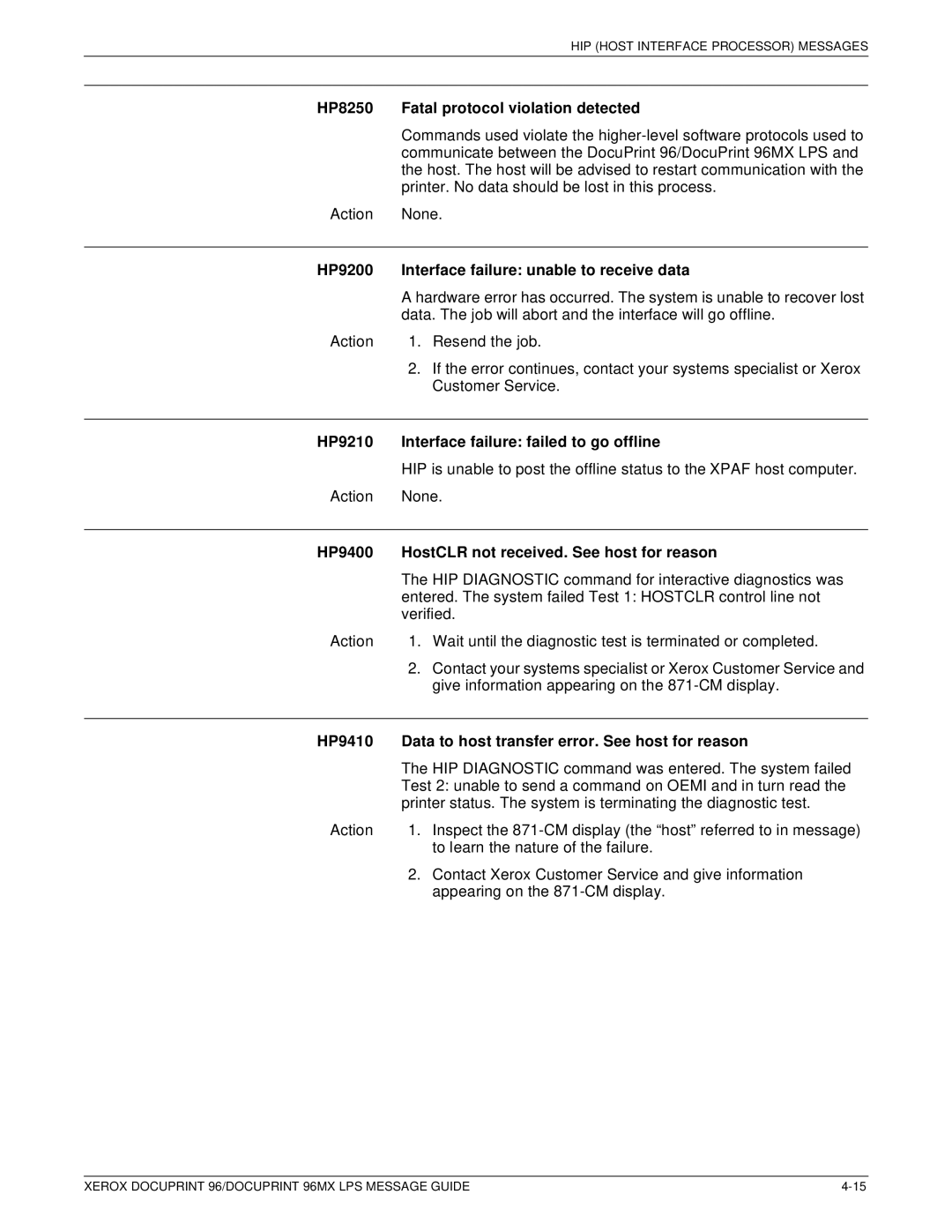 Xerox DocuPrint 96MX manual HP8250 Fatal protocol violation detected, HP9200 Interface failure unable to receive data 