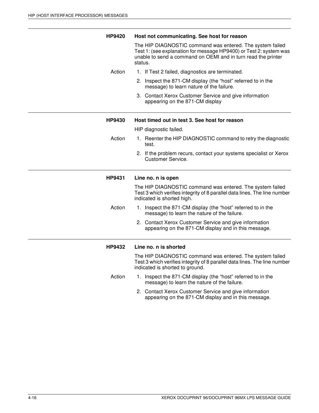 Xerox DocuPrint 96MX manual HP9420 Host not communicating. See host for reason, HP9431 Line no. n is open 