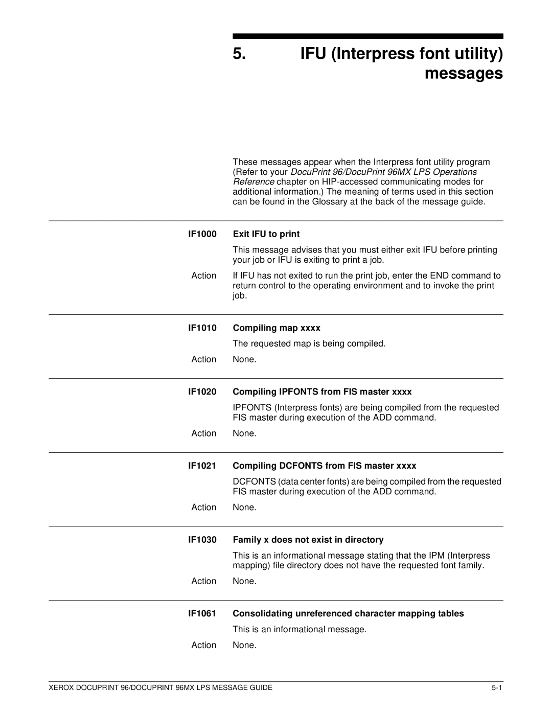 Xerox DocuPrint 96MX manual IFU Interpress font utility messages 